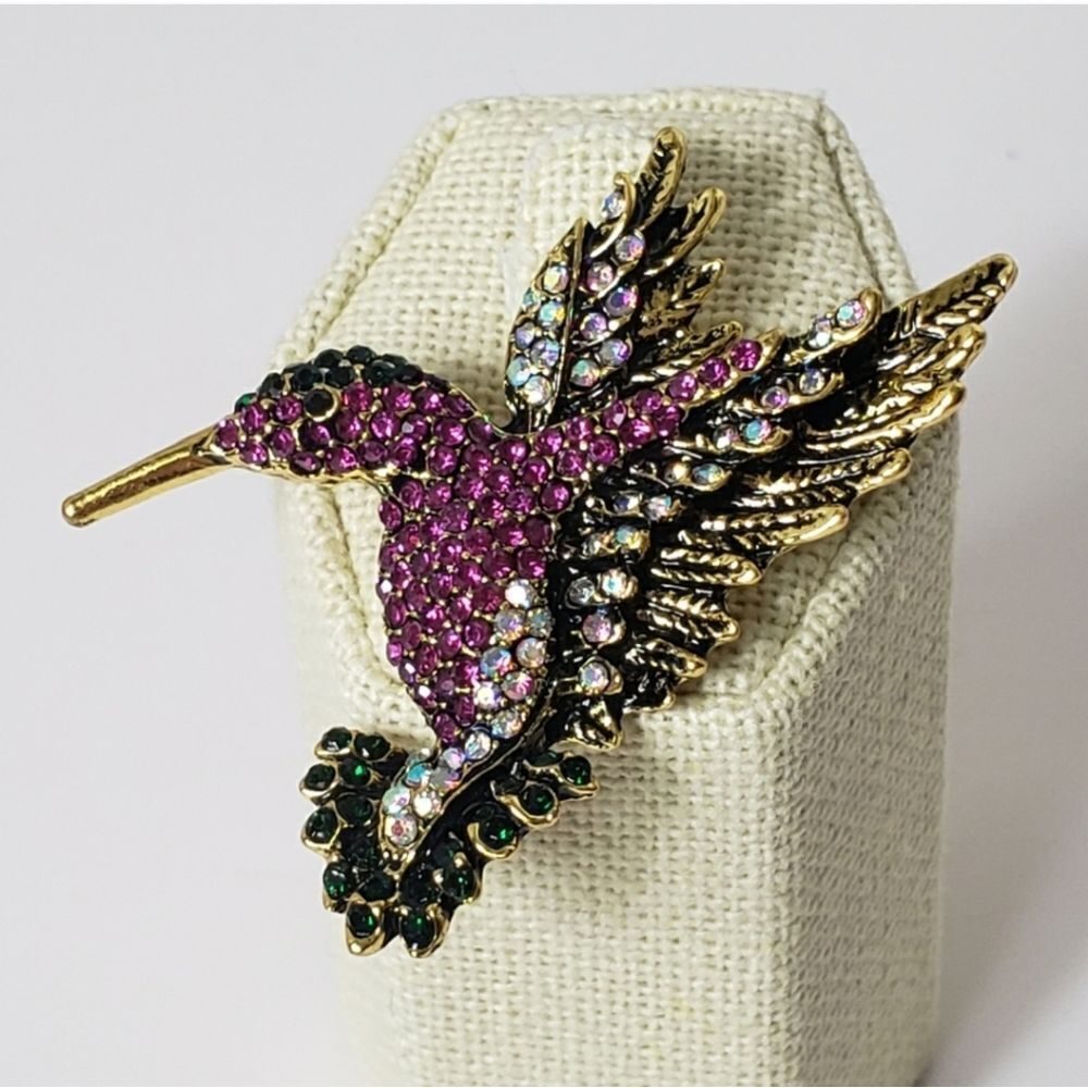 Fushia Pink HUMMINGBIRD Crystal Embellished Brooch Pin